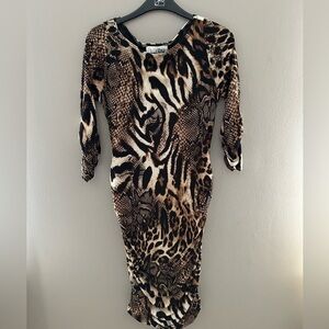 Joseph Ribkoff SZ 6 Black And Brown Animal Print Long Sleeve Ruched Dress